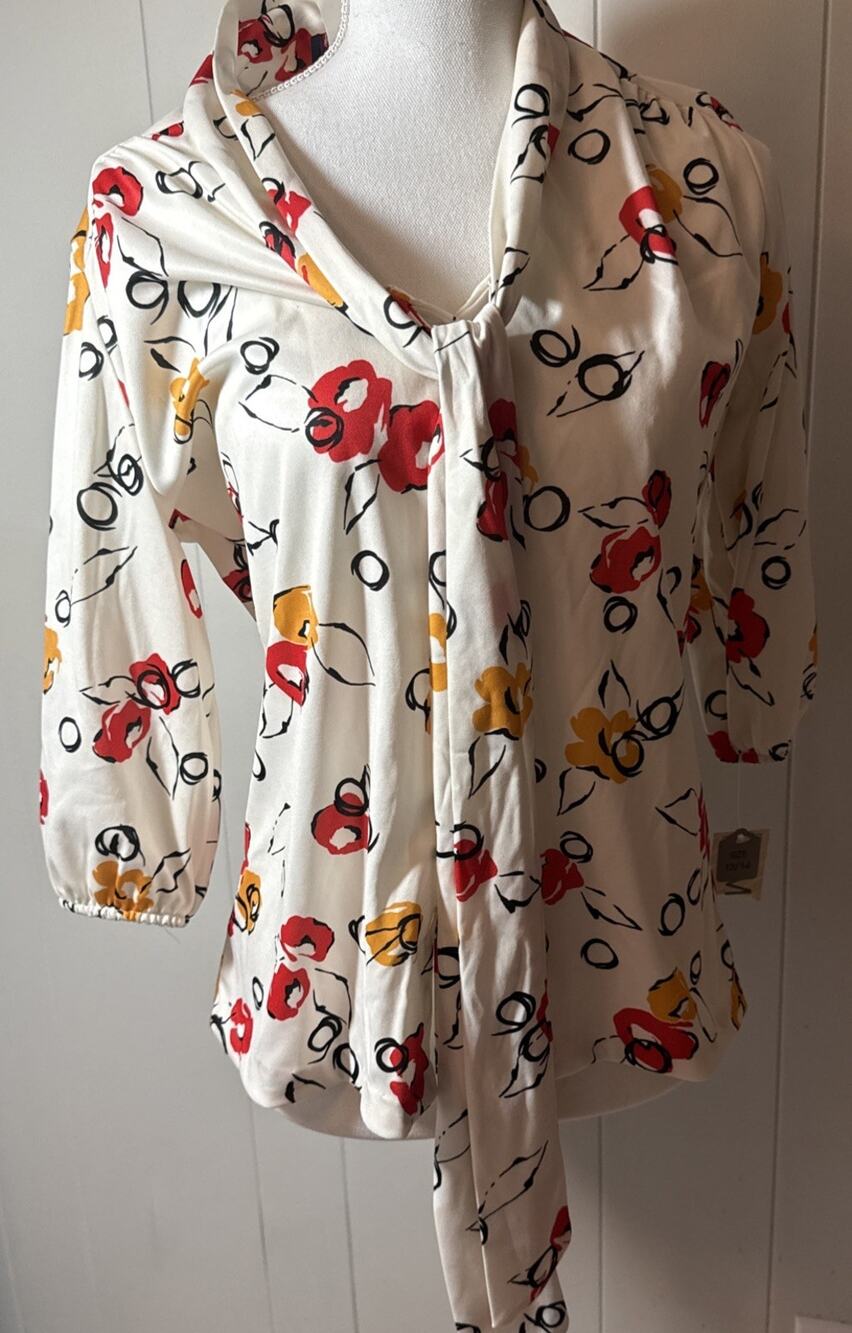 Vintage Marlene - White Geometric Polyester Attached Tie Blouse Women's 13/14 UU